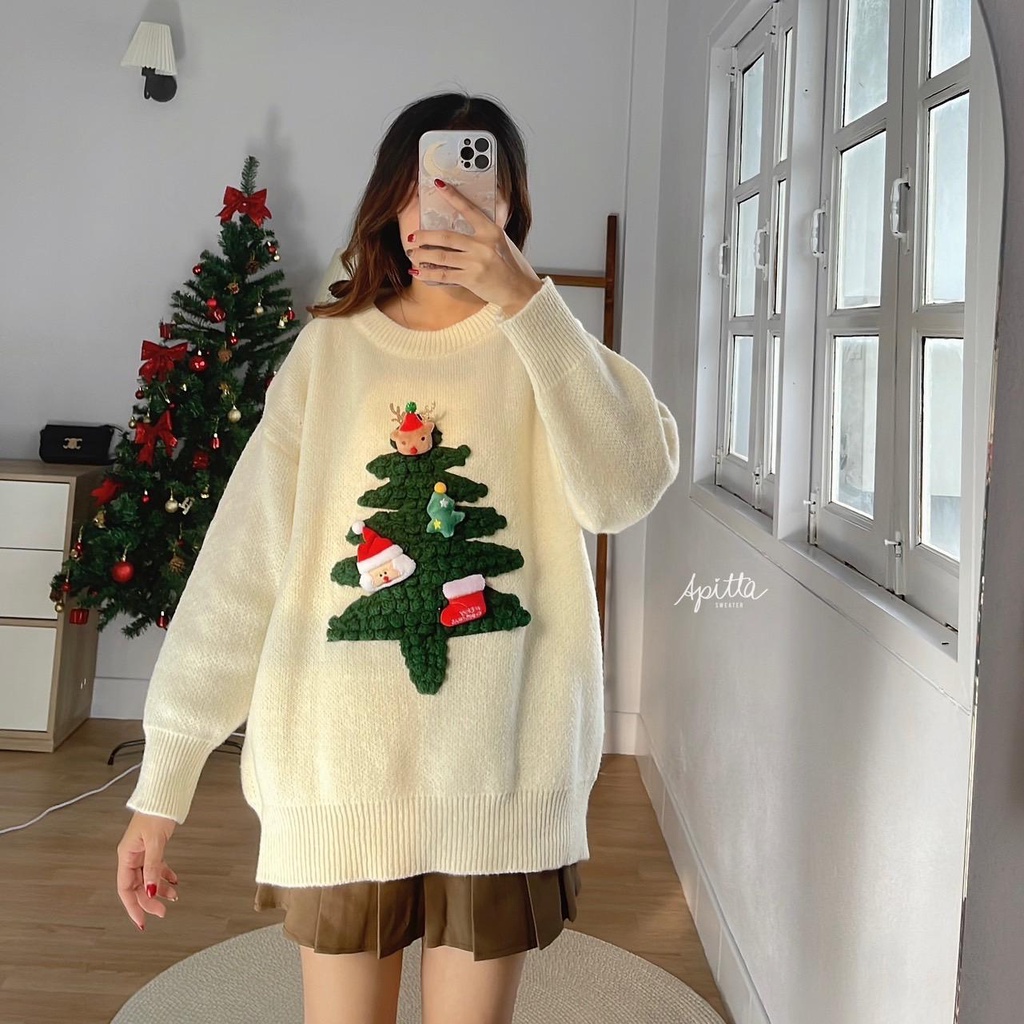 รุ่น MERRY CHRISTMAS สเวตเตอร์ เนื้อผ้าหนานุ่ม ตัวใหญ่ผู้หญิงผู้ชายใส่ได้ ดีเทลต้นคริสมาสต์แบบ 3D น่ารัก R57