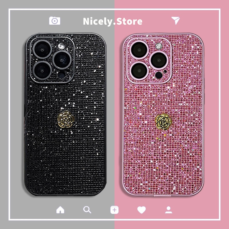 เคสโทรศัพท์มือถือ TPU กันกระแทก ปิดด้านหลัง ป้องกันกล้อง ลายดอกคามิเลีย ประดับเพชร พลอยเทียม กลิตเตอร์ หรูหรา สําหรับ iPhone 15 14 13 12 Pro Max 11