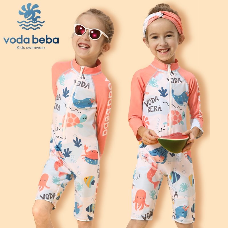 VODA BEBA  ชุดว่ายน้ําวันพีช แขนยาว สําหรับเด็กผู้หญิง อายุ 1-12 ปี ชุดว่ายน้ําแขนยาว ป้องกันแดด พิมพ์ลาย พร้อมหมวกว่ายน้ํา สําหรับเด็กผู้หญิง