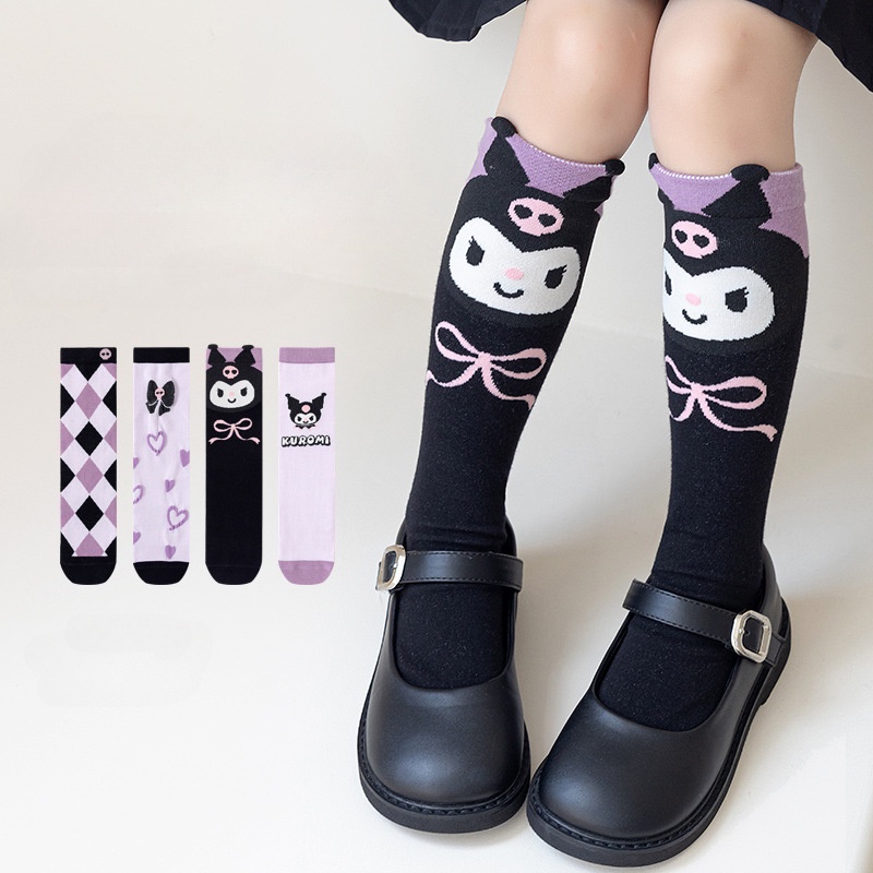 Kawaii Sanrio Kuromi Y2K ถุงเท้าข้อสูง ผ้าฝ้าย ลายการ์ตูนน่ารัก ระบายอากาศ สําหรับเด็กผู้หญิง