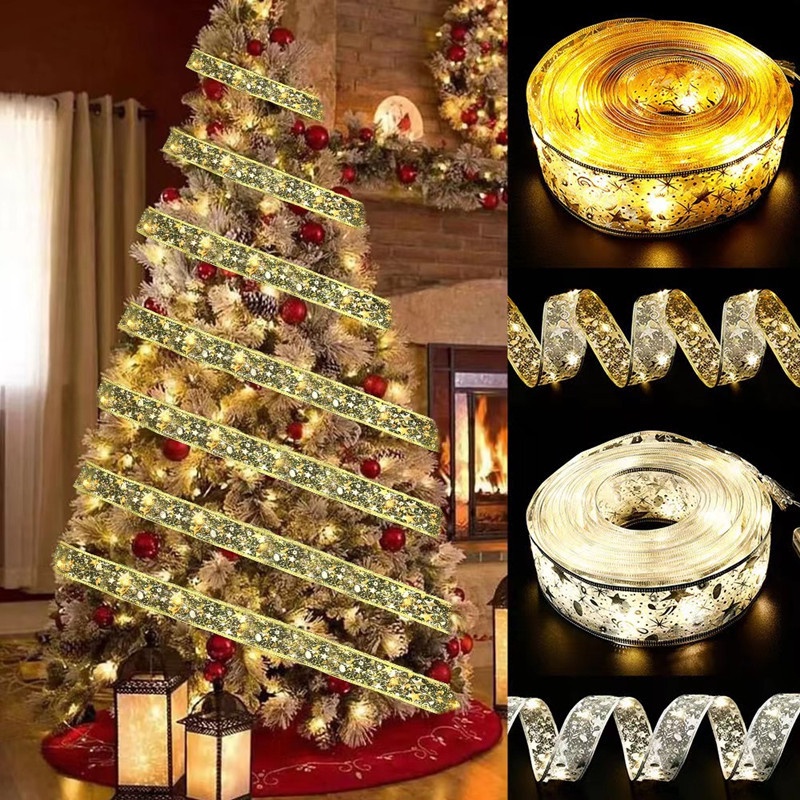 ♡ ~ 𝒸 𝒽 𝓇𝒾 𝓈 𝓉𝓂 𝒶𝓈🎅 สายไฟ LED ไฟริบบิ้น ไฟตกแต่งคริสต์มาส ริบบิ้นตาข่ายสองชั้น ไฟนางฟ้า แขวนต้นคริสต์มาส ปีใหม่