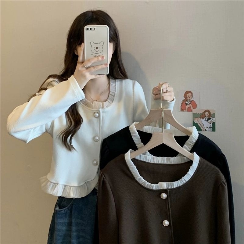 L.A Shop พร้อมส่ง เสื้อไหมพรมแขนยาว คอกลม กระดุมหน้ามี 3สี"Y7001" -C