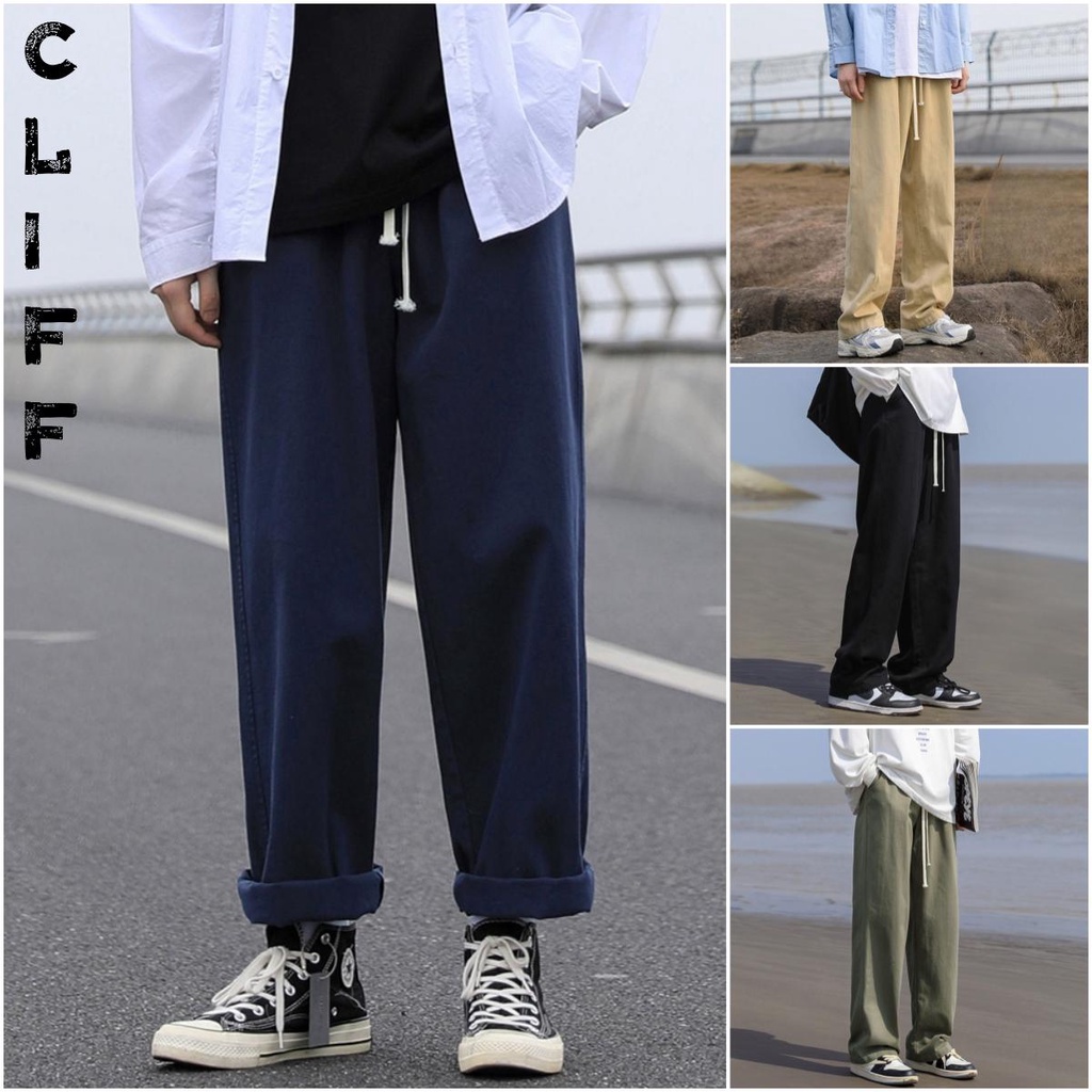 CLIFF กางเกงลำลองผู้ชาย รุ่นทรงกระบอกตรง เอวยางยืด ผ้าทอลายทแยง หลวมใส่สบาย  แฟชั่นลำลอง