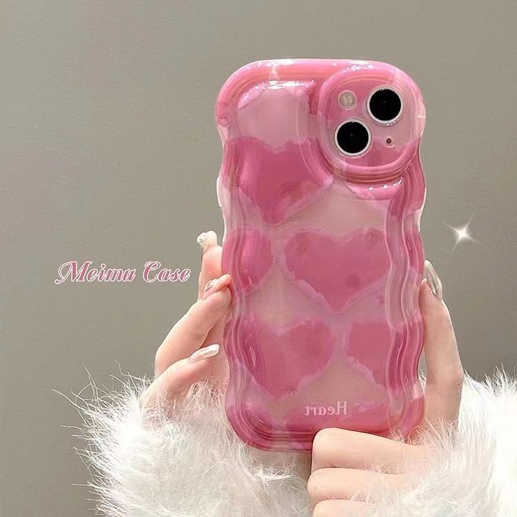 เคสโทรศัพท์มือถือ ซิลิโคน กันกระแทก ลายหัวใจ สีชมพู หรูหรา สําหรับ iPhone 15 14 11 Pro Max 13 12 XR 8 7 Plus Max X XS SE 2020