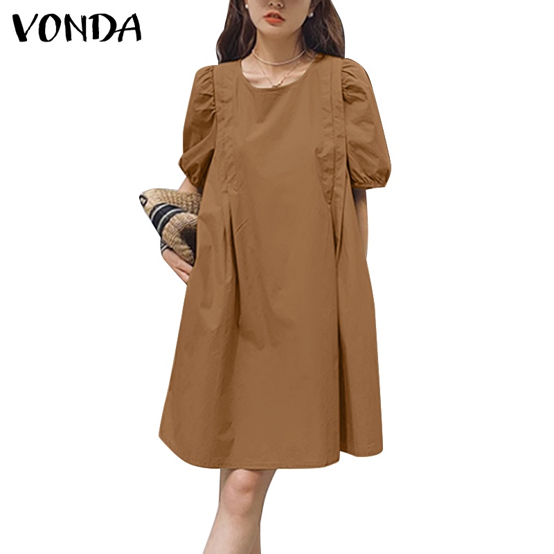 Vonda ชุดเดรส คอกลม แขนสั้น จับจีบ สีพื้น สไตล์เกาหลี สําหรับผู้หญิง