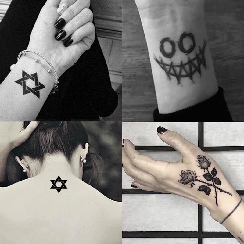COD-พร้อมส่ง1บาทสติ๊กเกอร์รอยสักชั่วคราวกันน้ำแฟชั่นสีดำดอกกุหลาบลายหัวใจติดทนนานของแถมลูกค้าขายส่ง