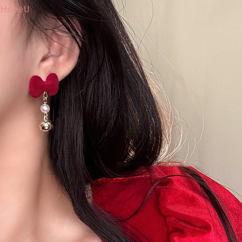 [HopeU] ต่างหู ประดับโบว์ มุก สีแดง สไตล์วินเทจ ของขวัญปาร์ตี้คริสต์มาส สําหรับผู้หญิง