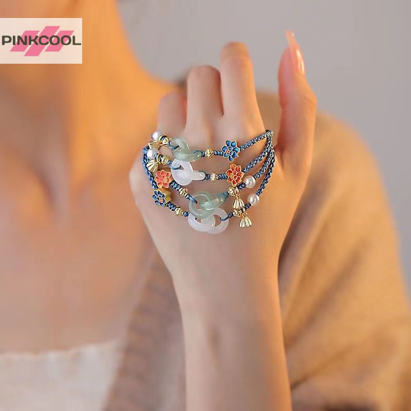 Pinkcool สไตล์ชนเผ่า ดอกไม้ ดอกบัว หยก มุกถัก สร้อยข้อมือ ปรับได้ ทอ สร้อยข้อมือ สําหรับผู้หญิง แฟชั่น เครื่องประดับ อุปกรณ์เสริม ขายดี