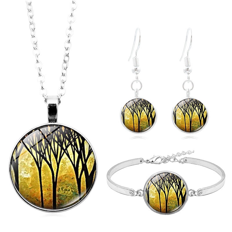 LE Retro Tree Of Life Cabochon แก้วจี้สร้อยคอสร้อยข้อมือต่างหูชุดเครื่องประดับ 4 ชิ้นเสื้อกันหนาวผู้