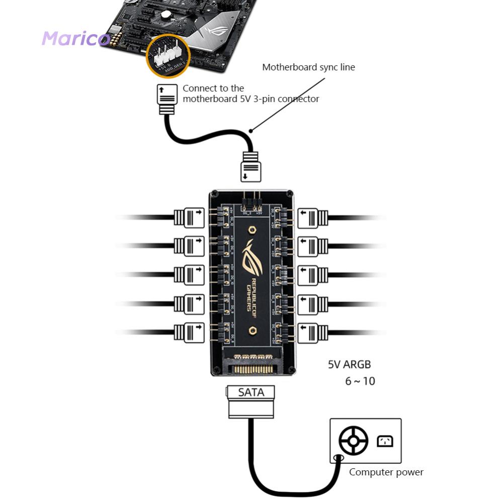 อะแดปเตอร์ฮับแยกสายเคเบิลพัดลม RGB ARGB 10-in-1 สําหรับเมนบอร์ด Asus MSI GIGABYTE ASRock [Marico.th]
