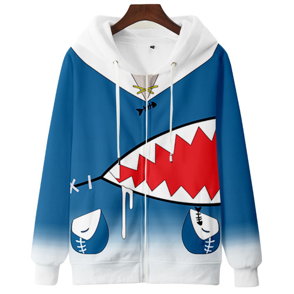 เสื้อแจ็กเก็ต มีฮู้ด พิมพ์ลายการ์ตูนอนิเมะ Gawr Gura มีซิป พลัสไซซ์ สําหรับผู้ชาย และผู้หญิง