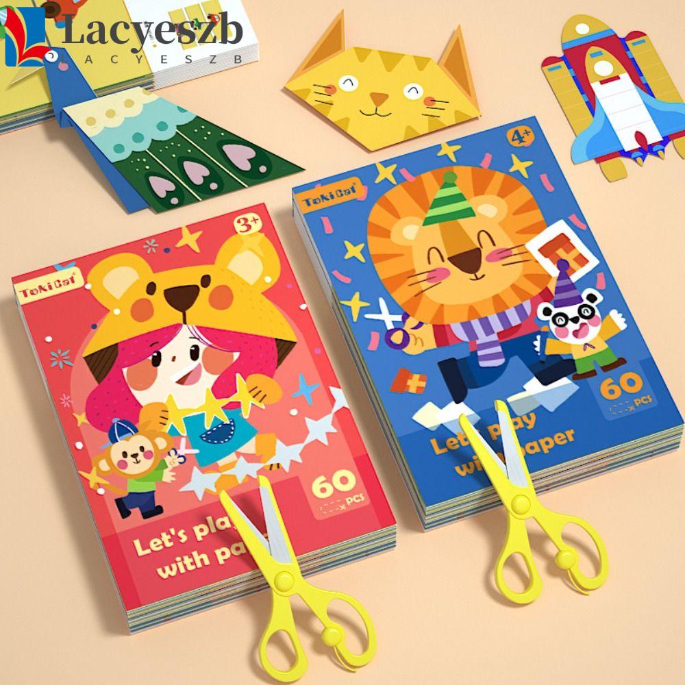 Lacyeszb หนังสือกระดาษพับ สติกเกอร์กระดาษพับ หนังสือกระดาษโอริงามิ ลายการ์ตูน สร้างสรรค์ บ้านตัด ตกแต่ง Montessori เด็กอนุบาล ตัดกระดาษ ของเล่น โอริงามิ