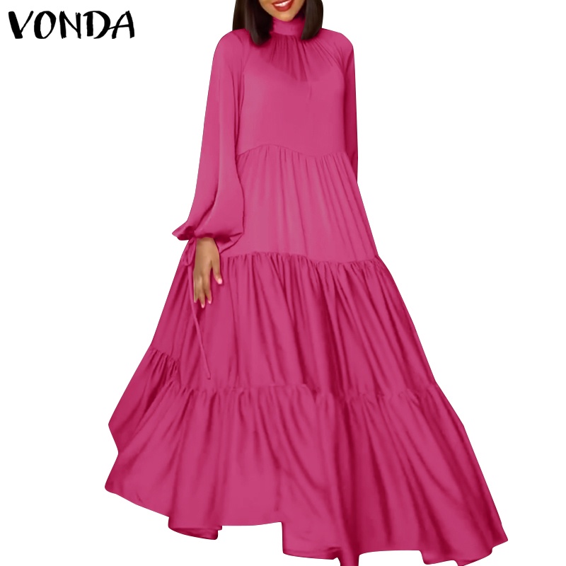 Vonda ชุดเดรสผ้าซาติน คอปกตั้ง แขนพอง สไตล์วินเทจ สําหรับผู้หญิง