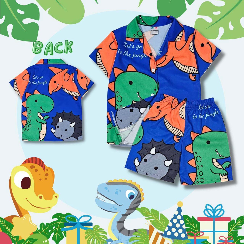 DI0750#4 ชุดเด็ก เซ็ตเสื้อฮาวาย+กางเกงขาสั้น ผ้าไหมอิตาลี ลายไดโนเสาร์ เสื้อผ้าเด็ก ชุดเด็กแฟชั่น ชุดเด็กลายการ์ตูน