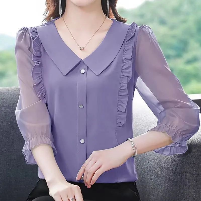 เสื้อเชิ้ต ผ้าชีฟอง คอตุ๊กตา แขนเข้ารูป แต่งระบาย สําหรับผู้หญิง