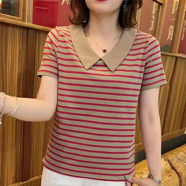 [ราคาจริง] ใหม่ เสื้อยืดแขนสั้น คอตุ๊กตา ลายทาง ทรงหลวม แฟชั่นฤดูร้อน สําหรับผู้หญิง 2023