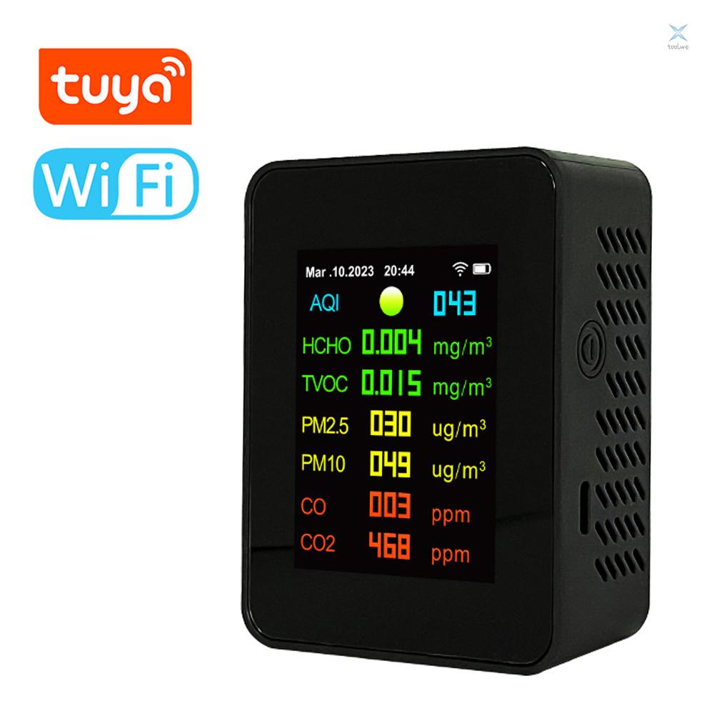 Tuya เครื่องวัดคุณภาพอากาศ คาร์บอนไดออกไซด์ แบบพกพา 7in1 PM2.5 PM10 CO2 TVOC HCHO AQI TFT พร้อมฟังก์