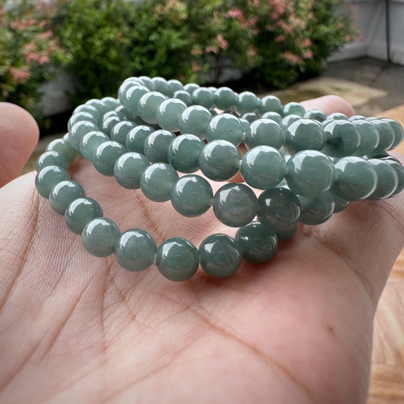 กำไลหยก 8JA-BLข้อมือหยกฟ้าน้ำทะเล หยกบลูโอเชี่ยน กลม 6.5~7 มิล Jadetie เนื้อวุ้น~แก้ว