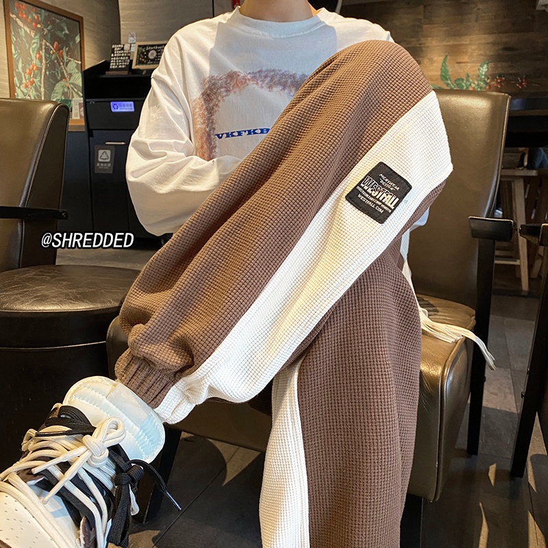 BeCoolMan🍃กางเกงขายาวลําลอง เอวยางยืด พิมพ์ลายวาฟเฟิล สีคอนทราสต์ แฟชั่นสําหรับผู้ชาย ไซซ์ M-3XL