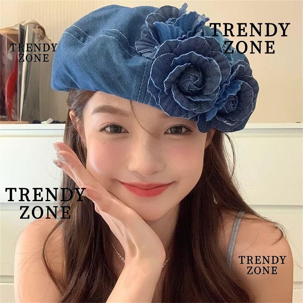 Trendyzone หมวกเบเร่ต์ลําลอง ผ้าฝ้าย ผ้ายีน ลายดอกไม้ สีตัดกัน แฟชั่นฤดูใบไม้ผลิ และฤดูร้อน