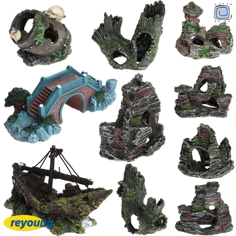 Reyoung ตกแต่งตู้ปลา ถ้ําหิน ปลาซ่อน Wreck Barrel ตกแต่งบ้าน
