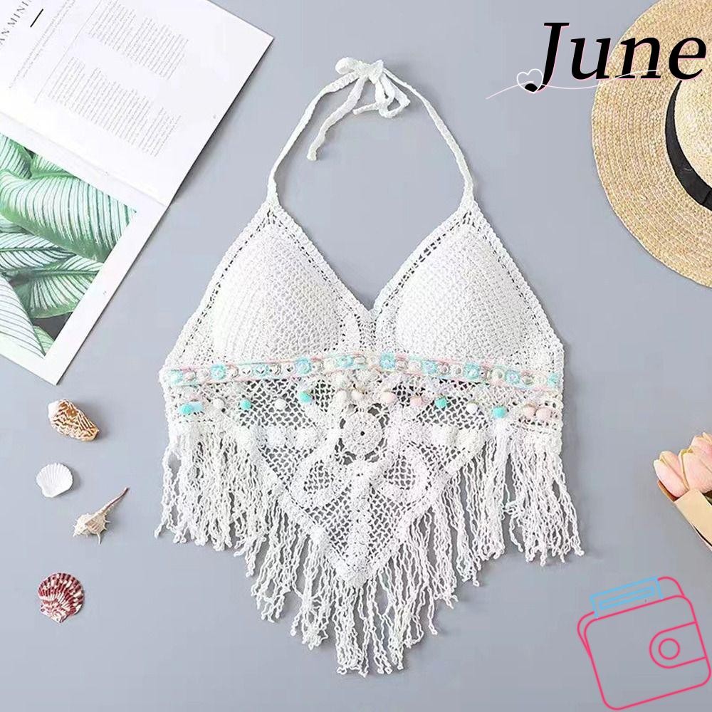 June บิกินี่ Camisole, Sweet Hollowed Out Knit Bralette, แฟชั่นพร้อมแผ่นรองหน้าอก Bohemian Short Ves