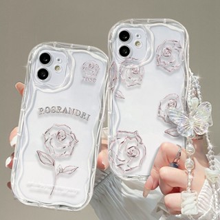 เคสโทรศัพท์มือถือ แบบนิ่ม ลายดอกกุหลาบ และผีเสื้อ มีสายโซ่คล้อง สําหรับ iPhone 6 Plus 6S Plus 7 Plus 8 Plus XS Max XR X XS
