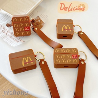 เคสหูฟัง TPU หนัง PU นิ่ม ทรงสี่เหลี่ยม ลาย McDonalds สีน้ําตาล พร้อมสายคล้อง กันหาย สําหรับ Airpods Pro 2 3 1