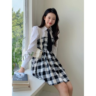 MANSA korean plaid dress เสื้อผ้าแฟชั่นผู้หญิง ชุดเดรสสั้น