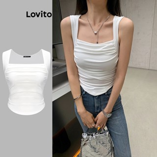 Lovito เสื้อกล้าม ลําลอง Ruched Hanky Hem สําหรับผู้หญิง L62ED045 (สีขาว/ดํา)