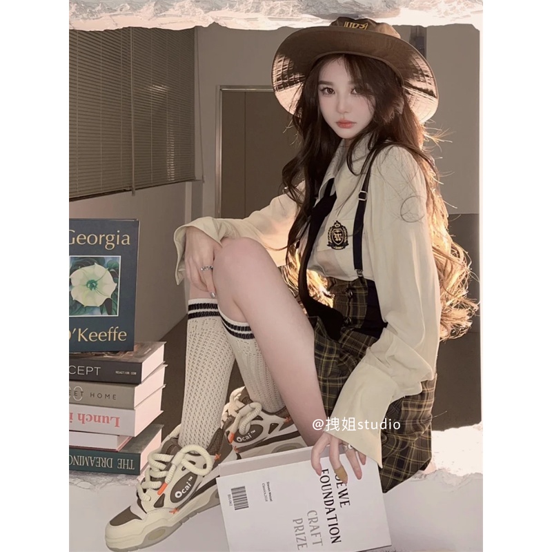 เสื้อเชิ้ตโปโล แขนสั้น เอวแคบ ลายสก๊อต สไตล์อเมริกัน เรโทร แฟชั่นฤดูใบไม้ผลิ สําหรับผู้หญิง TWNC
