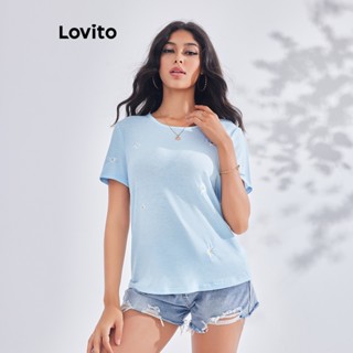 Lovito เสื้อยืดลําลอง แขนสั้น ปักลายดอกไม้ สําหรับผู้หญิง LBE03019 (สีฟ้า)