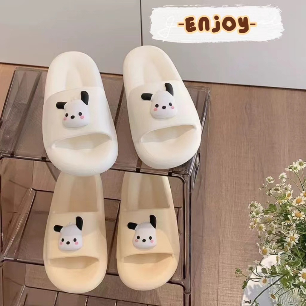 EnJoy พร้อมส่ง (LT-KGE) รองเท้าแตะแบบสวม ลายน้องหมาหูตั้ง มีสองสี พื้นเรียบใส่สบาย