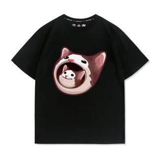 เสื้อยืดแขนสั้น คอกลม ผ้าฝ้าย 100% พิมพ์ลาย Ghost Animal POPCAT POPCAT น่ารัก สําหรับผู้ชาย