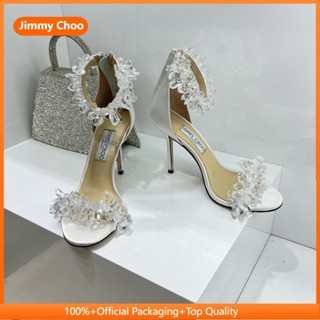 [9cm]JCWhiteHighHeelsSummerSpringTransparentCrystalFlowerSilkSatinHighHeelSandalsHNLENIHX