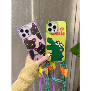 เคสโทรศัพท์มือถือแบบนิ่ม TPU ใส ผิวด้าน กันกระแทก ลายการ์ตูนไดโนเสาร์ แมวสีม่วง พร้อมสายคล้อง สี่มุม สําหรับ iPhone 15 14 13 12 Pro Max