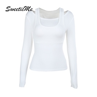 Sweeticme ใหม่ เสื้อยืดแขนยาว เซ็กซี่ เข้ารูป สีพื้น แฟชั่นสําหรับผู้หญิง 2023