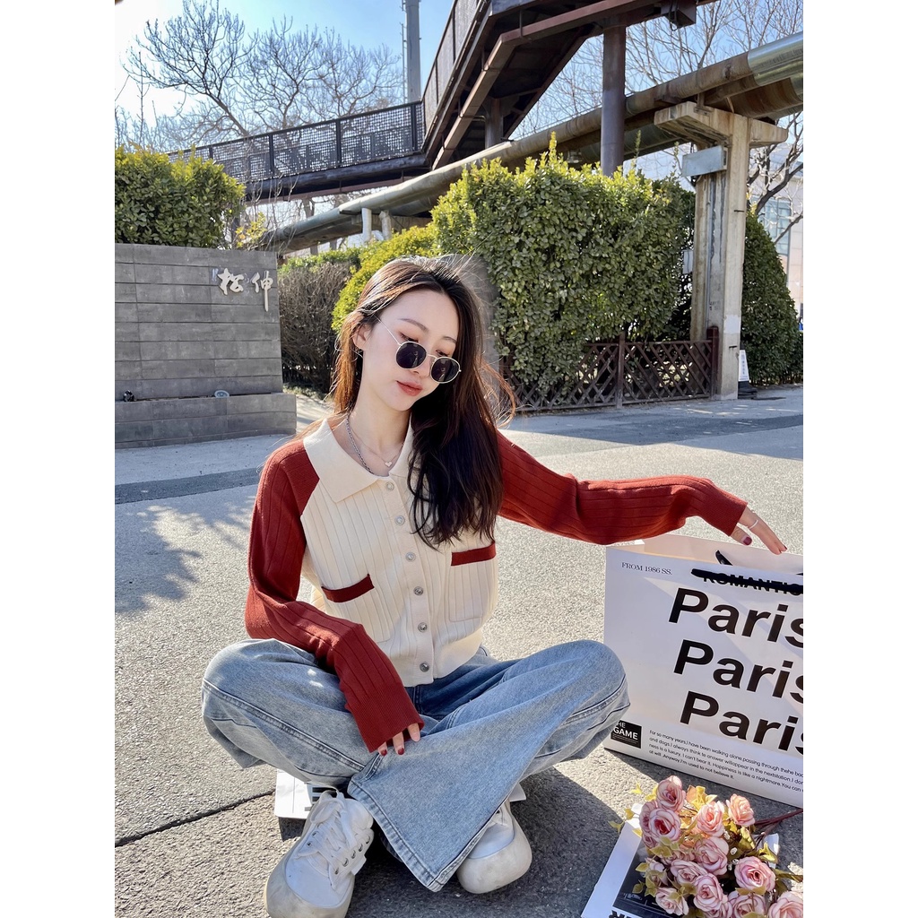 Miss Leaf เสื้อแจ็กเก็ตกันหนาว คอปกโปโล แขนยาว ผ้าถัก ทรงหลวม สําหรับผู้หญิง MC HQKV