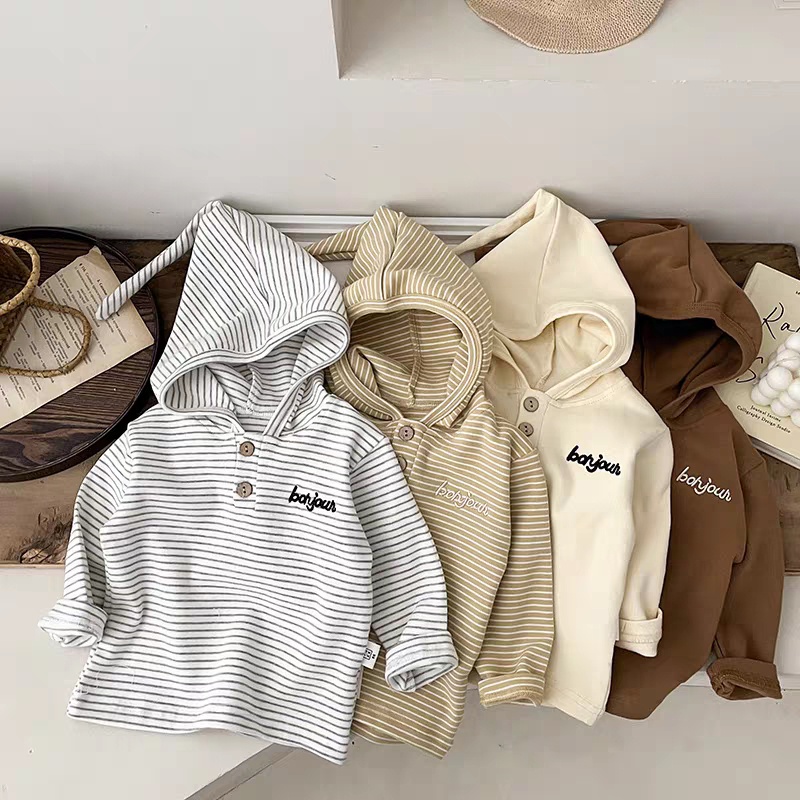 เสื้อกันหนาวแขนยาว มีฮู้ด ปักลายตัวอักษร สีพื้น แฟชั่นฤดูใบไม้ร่วง สําหรับเด็กผู้ชาย อายุ 1-3 ปี