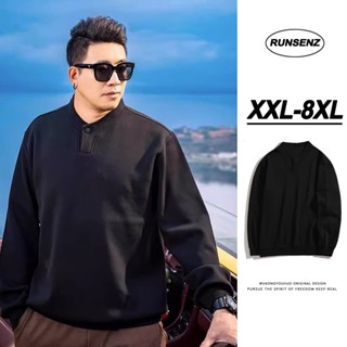 Xx-8xl เกาหลี ยืน คอปก เสื้อโปโล ผู้ชาย พลัสไซซ์ แขนยาว เสื้อยืดลําลอง หลวม ธรรมดา สีดํา เสื้อ