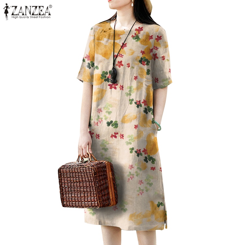 Zanzea ชุดมิดี้เดรส คอปาด แขนสั้น ผ้าฝ้าย ผ้าลินิน พิมพ์ลาย สไตล์เกาหลี สําหรับผู้หญิง