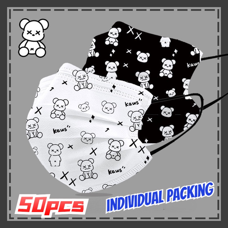 50 ชิ้น หน้ากากผู้ใหญ่ ลายการ์ตูนหมี Kaws Bearbrick หน้ากากแฟชั่น บรรจุภัณฑ์อิสระ
