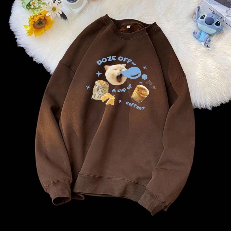เสื้อกันหนาวแขนยาว คอกลม ทรงหลวม พิมพ์ลายแมวแฮมเบอร์เกอร์น่ารัก แฟชั่นฤดูใบไม้ร่วง สไตล์เกาหลี สําหรับผู้หญิง 2023 - รูปที่ 2