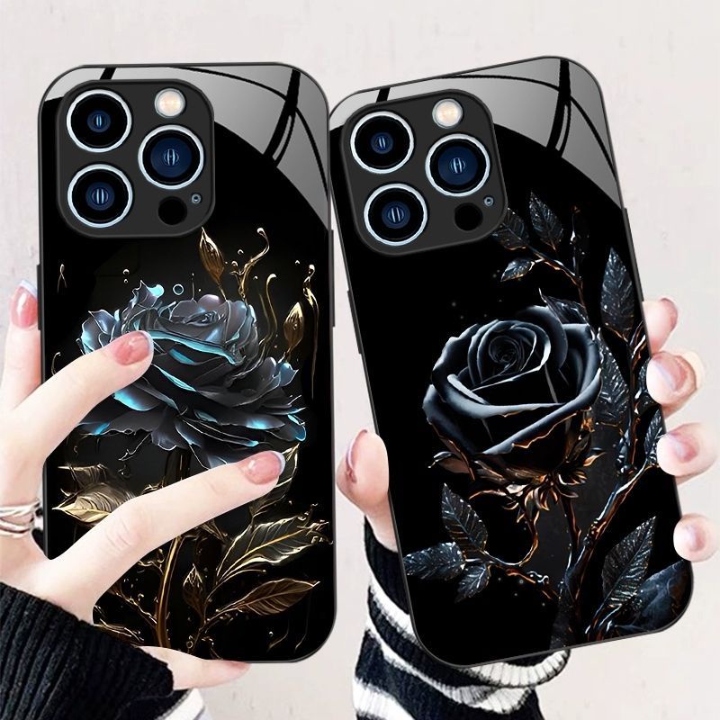 เคสโทรศัพท์มือถือแบบแก้ว ลายดอกกุหลาบ ใบไม้สีทอง สําหรับ Iphone 15 Promax 14Plus 13 12 11 Promax 7 8 Xsmax