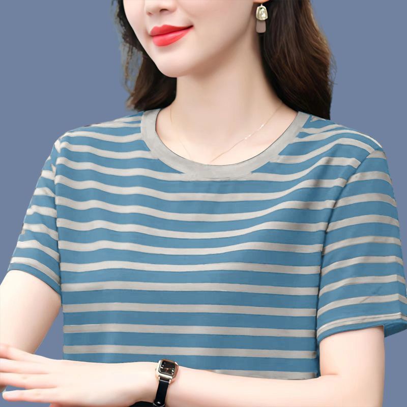 เสื้อยืดแขนสั้น ทรงหลวม ลายทาง พลัสไซซ์ สไตล์เกาหลี แฟชั่นฤดูร้อน สําหรับผู้หญิง