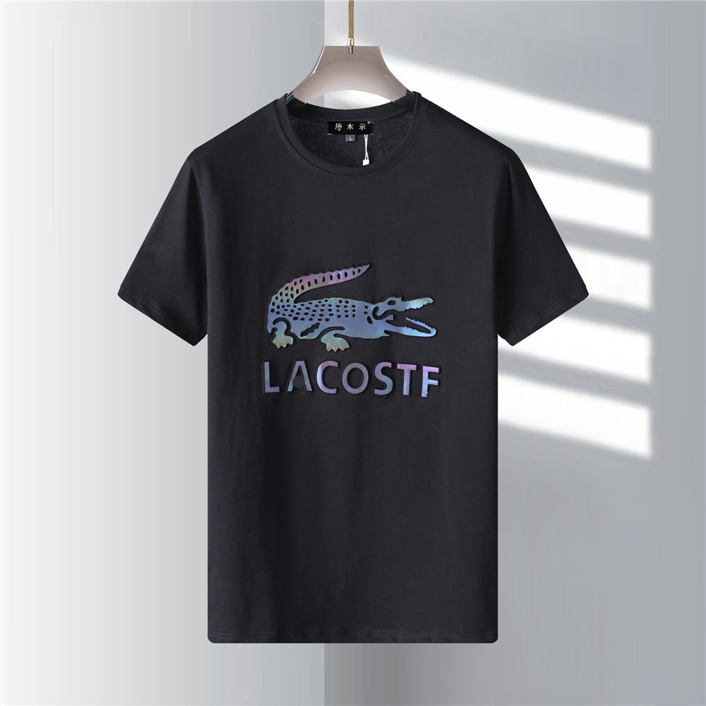 Lacos เสื้อยืดคอกลมครึ่งแขนผู้ชาย 2023 ฤดูใบไม้ผลิฤดูร้อนอินเทรนด์พิมพ์ตัวอักษรผู้ชายผู้หญิงคู่เสื้อยืดคอปกป้าย + Tag