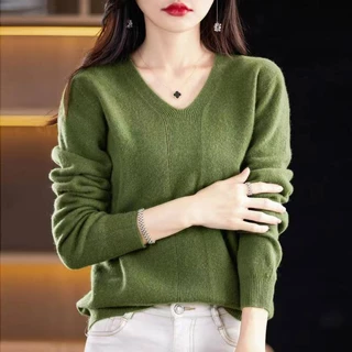 เสื้อแขนยาวคอวีสีพื้น เสื้อไหมพรมผ้ายืดใส่สบาย มี 12 สีให้เลือก