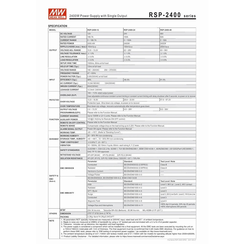 ไต้หวัน MEAN WELL RSP-2400-12 RSP-2400-24 RSP-2400-48 2400W PFC AC DC แหล่งจ่ายไฟเอาต์พุตเดียว Switching Power Supply**-&