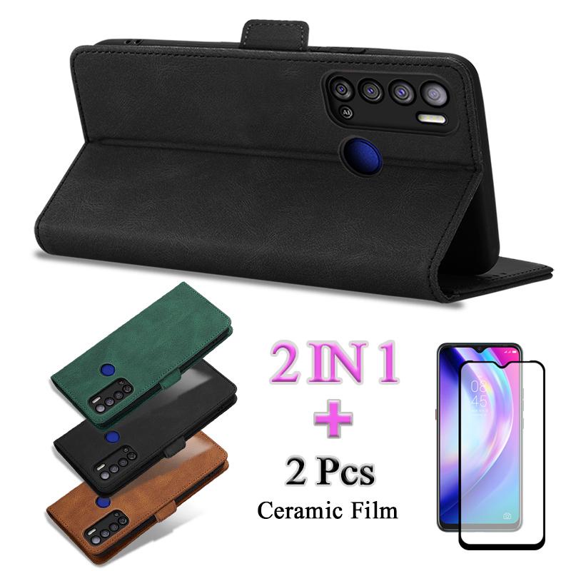 2 IN 1 สําหรับ Tecno Pouvoir 4 Pouvoir 4 Pro เคสโทรศัพท์ Flip พร้อมกระเป๋าสตางค์หนังเซรามิค Protector หน้าจอโค้งเซรามิคฟิล์ม