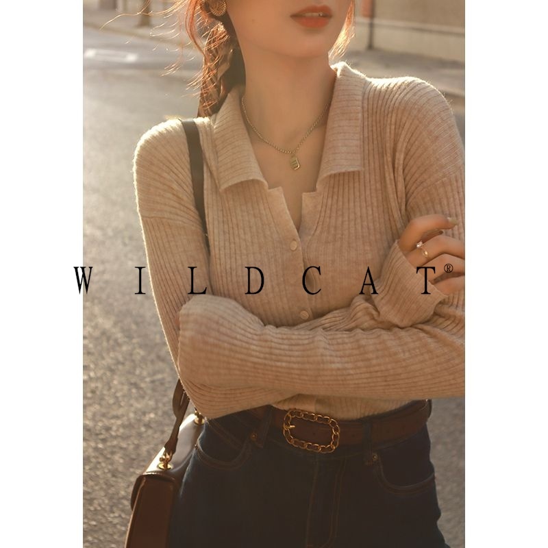 เสื้อคาร์ดิแกนแขนยาว ผ้าถัก คอปกโปโล ตัวสั้น เข้ารูป แบบเรียบง่าย สไตล์เรโทร เหมาะกับฤดูใบไม้ร่วง สําหรับผู้หญิง